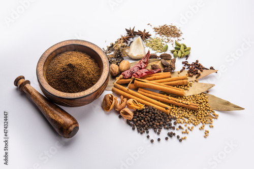 Photography Indian Garam masala powder and colourful spices. selective focus