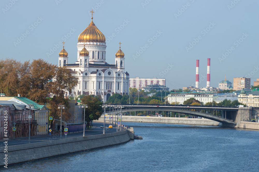Cathedral of Christ the Savior in a cityscape on a September day. Moscow, Russia