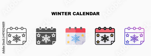 Calendar Winter icon set with different styles. Icons designed in outline, flat, glyph, line colored and gradient. Can be used for web, mobile, ui and more. Enjoy this icon for your project.