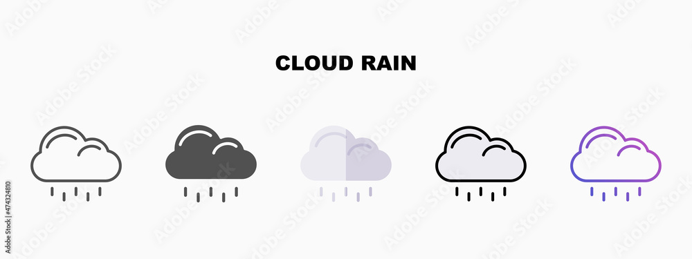 Cloud Rain icon set with different styles. Icons designed in outline, flat, glyph, line colored and gradient. Can be used for web, mobile, ui and more. Enjoy this icon for your project. Cloud Rain icon set with different styles. Icons designed in outline, flat, glyph, line colored and gradient. Can be used for web, mobile, ui and more. Enjoy this icon for your project.