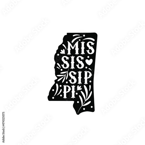 Mississippi state map with doodle decorative ornaments. For printing on souvenirs and T-shirts