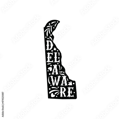 Delaware state map with doodle decorative ornaments. For printing on souvenirs and T-shirts