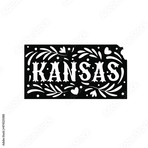 Kansas state map with doodle decorative ornaments. For printing on souvenirs and T-shirts