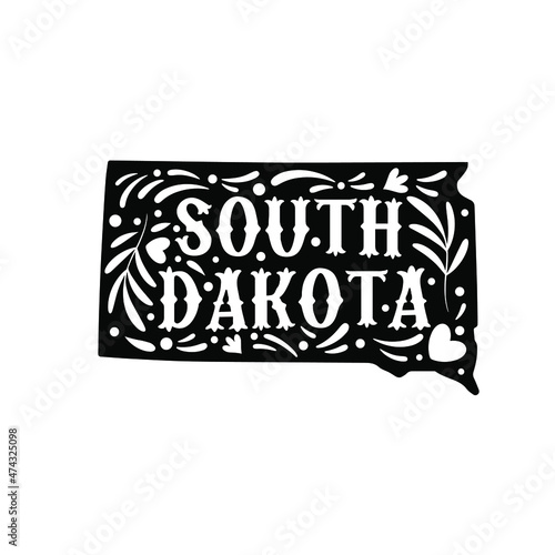 South Dakota state map with doodle decorative ornaments. For printing on souvenirs and T-shirts