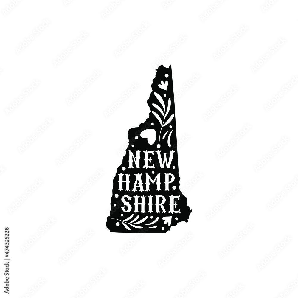 New Hampshire state map with doodle decorative ornaments. For printing on souvenirs and T-shirts New Hampshire state map with doodle decorative ornaments. For printing on souvenirs and T-shirts