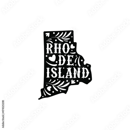 Rhode Island state map with doodle decorative ornaments. For printing on souvenirs and T-shirts
