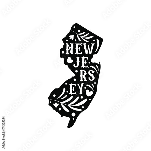 New Jersey state map with doodle decorative ornaments. For printing on souvenirs and T-shirts