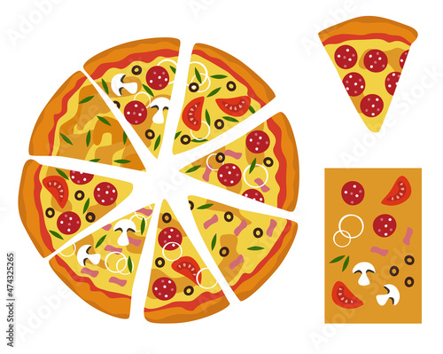 Different pieces of pizza. Pizza constructor. Vector illustration