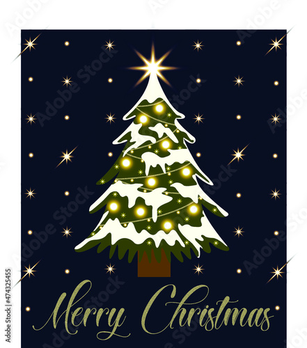 Illustration of a Christmas Tree with snow decorated with golden lights  stars and sparkles with stars scattered around on a dark navy blue background and a Merry Christmas logo