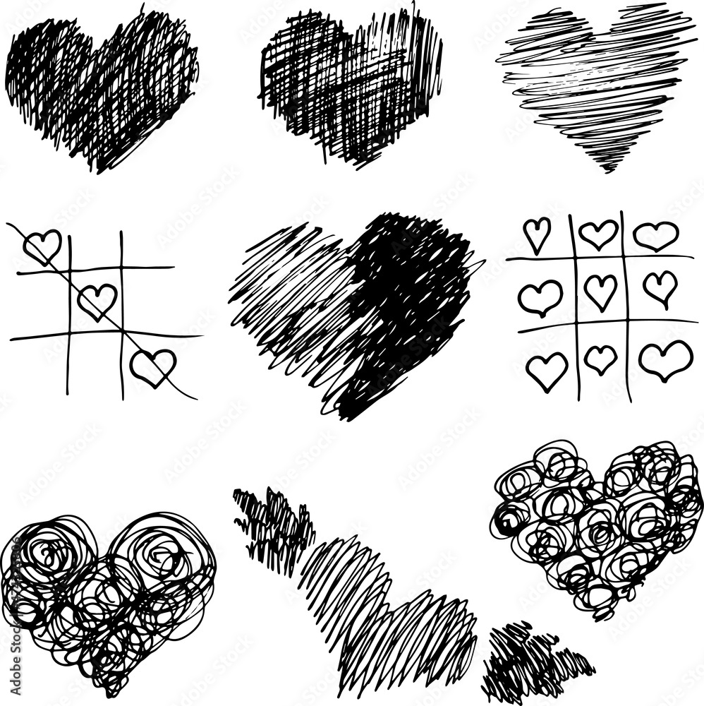 Vector set of hatched hearts