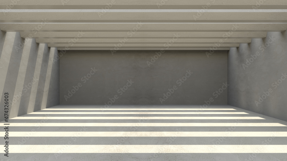 Empty space of Column Concrete Tunnel with warm light and shadow. Empty room cement warm light floor and surrounded walls, Tunnel concrete roof beams, 3d render. Empty space of Column Concrete Tunnel with warm light and shadow. Empty room cement warm light floor and surrounded walls, Tunnel concrete roof beams, 3d render.