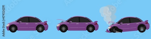 Cartoon vector or illustration. Status of the soft Magenta car from normal car to the car was slightly damaged. until the car was severely damaged Damage the entire front with smoke. © thongchainak