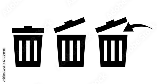 Various styled trash icon set. Arrow icon to throw open trash can or trash.
