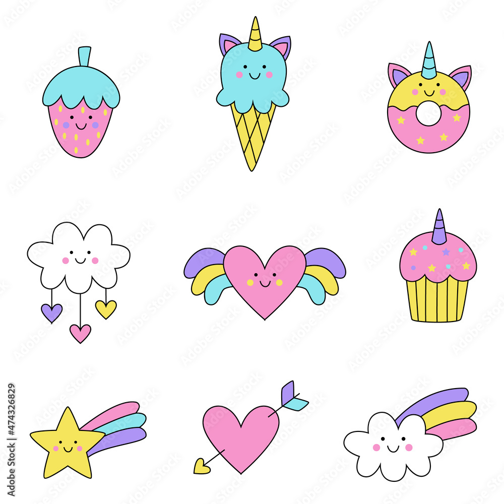 Collection of cute kawaii vector pictures on white background. Collection of cute kawaii vector pictures on white background.