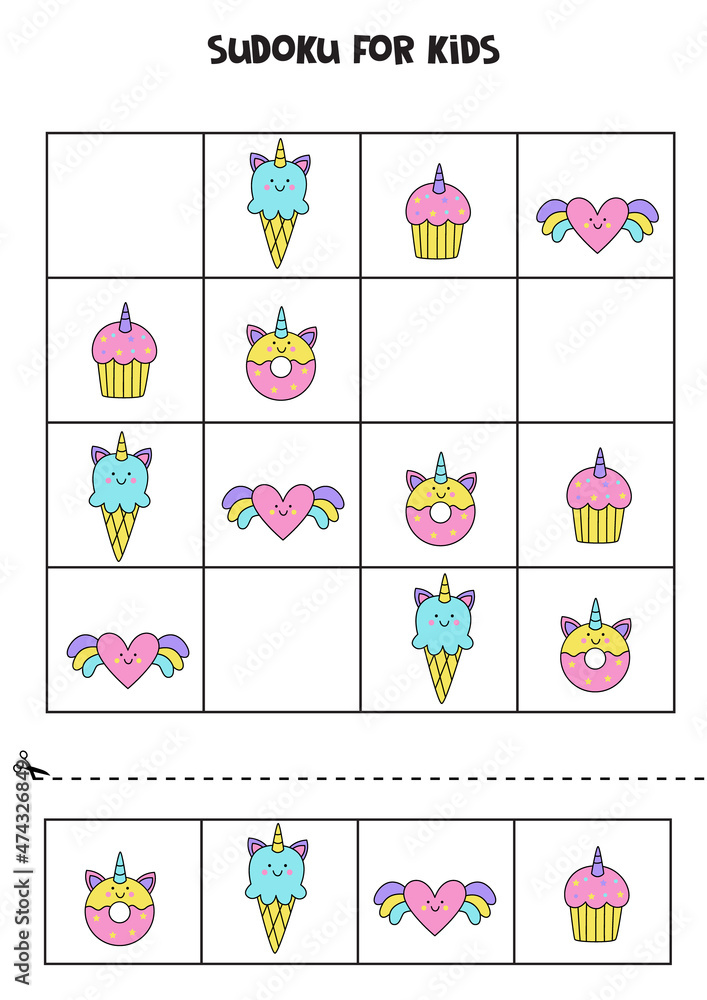 Fototapeta premium Sudoku game with unicorn elements for girls.