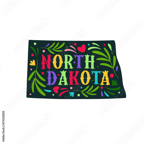 North Dakota state map with doodle decorative ornaments. For printing on souvenirs and T-shirts