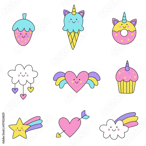 Collection of cute kawaii vector pictures on white background.