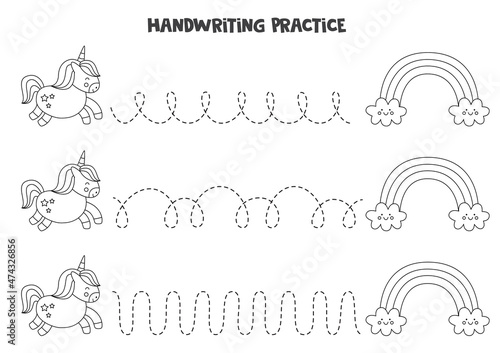 Tracing lines with cute unicorn and rainbow. Writing practice.