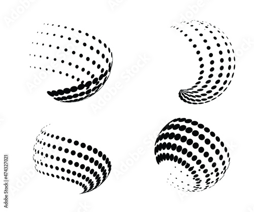 Halftone circle 3d sphere. Logo emblem design element for medical, treatment, cosmetic. half Globe icon using circle line raster texture, Vector illustration half dot circle, half globe, globe icon