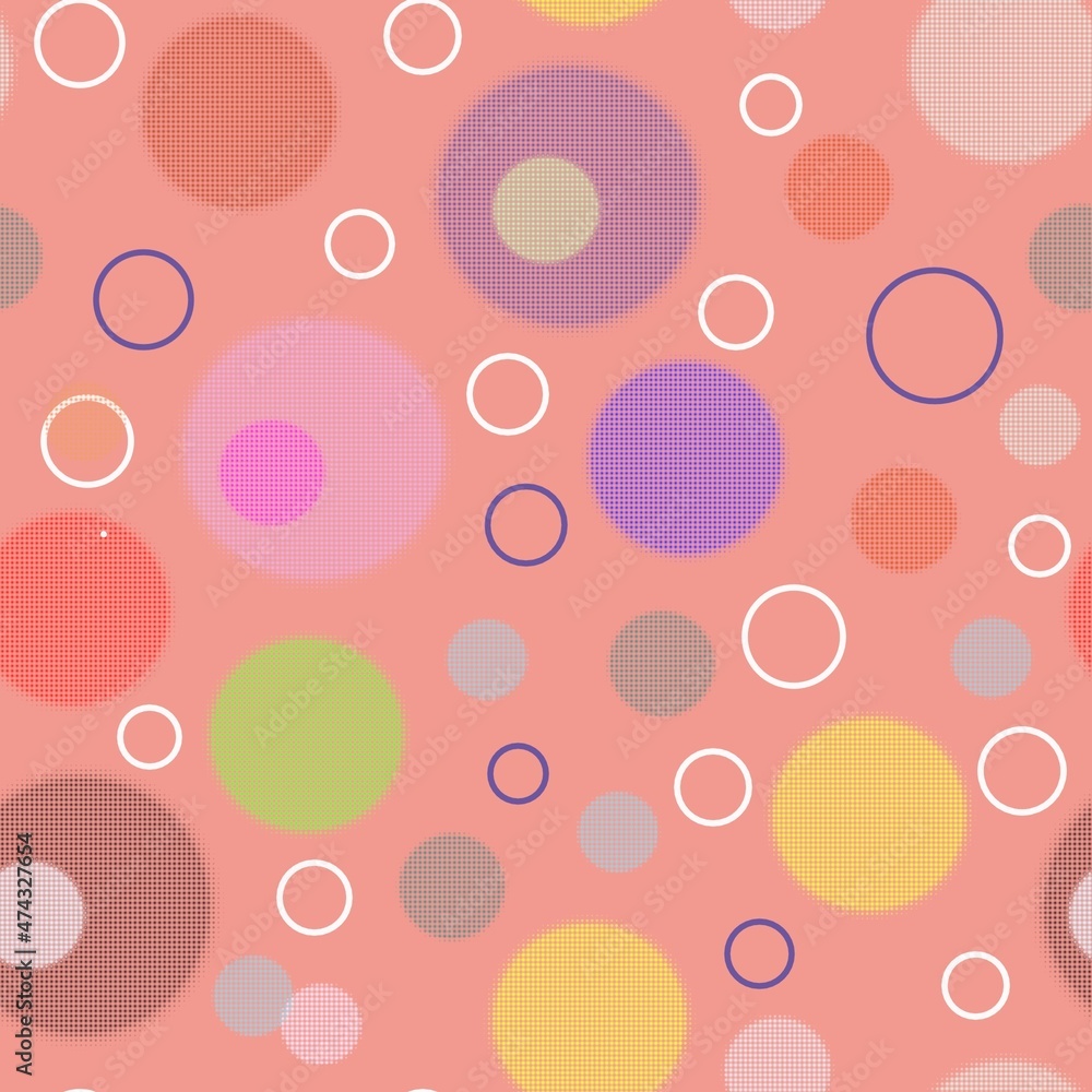 Pink abstract background from circles of different sizes of the texture. Seamless pattern of geometric shapes in pink, green, yellow shades with texture and without fill for textiles, wallpapers.