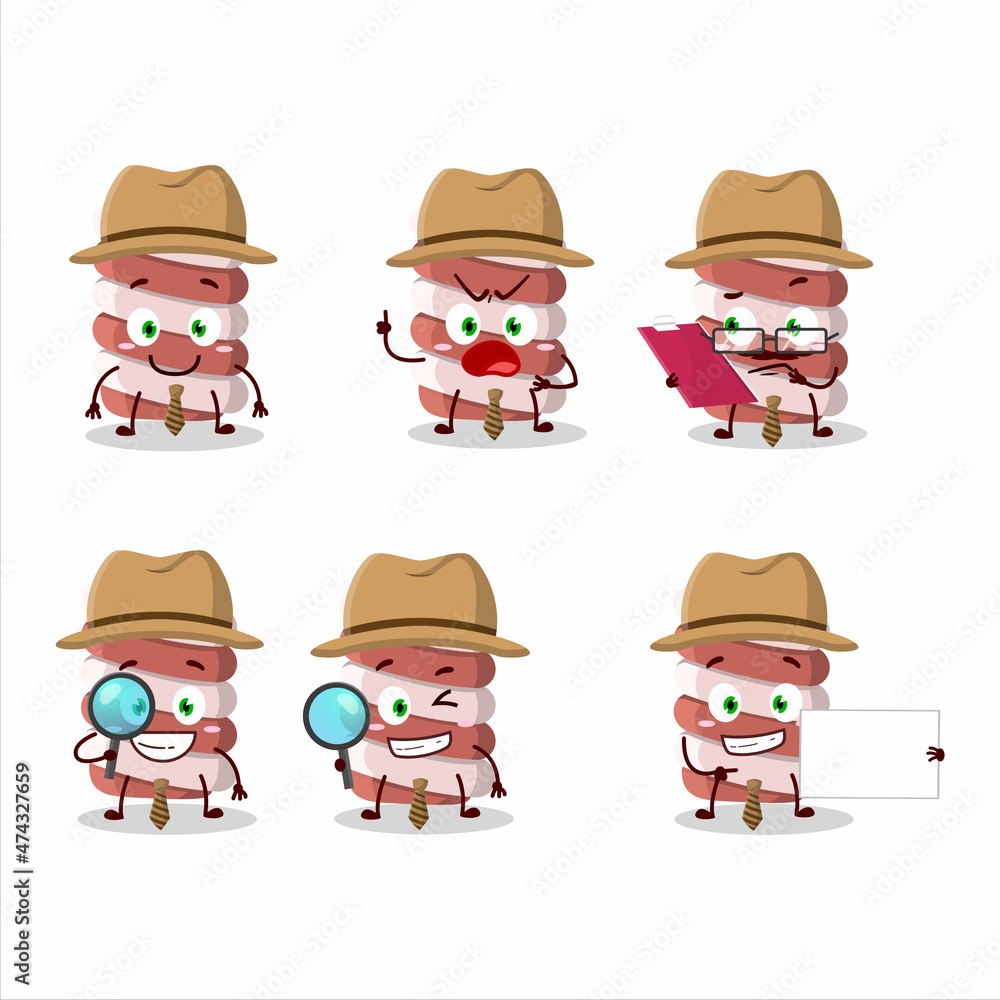 Detective red marshmallow twist cute cartoon character holding magnifying glass