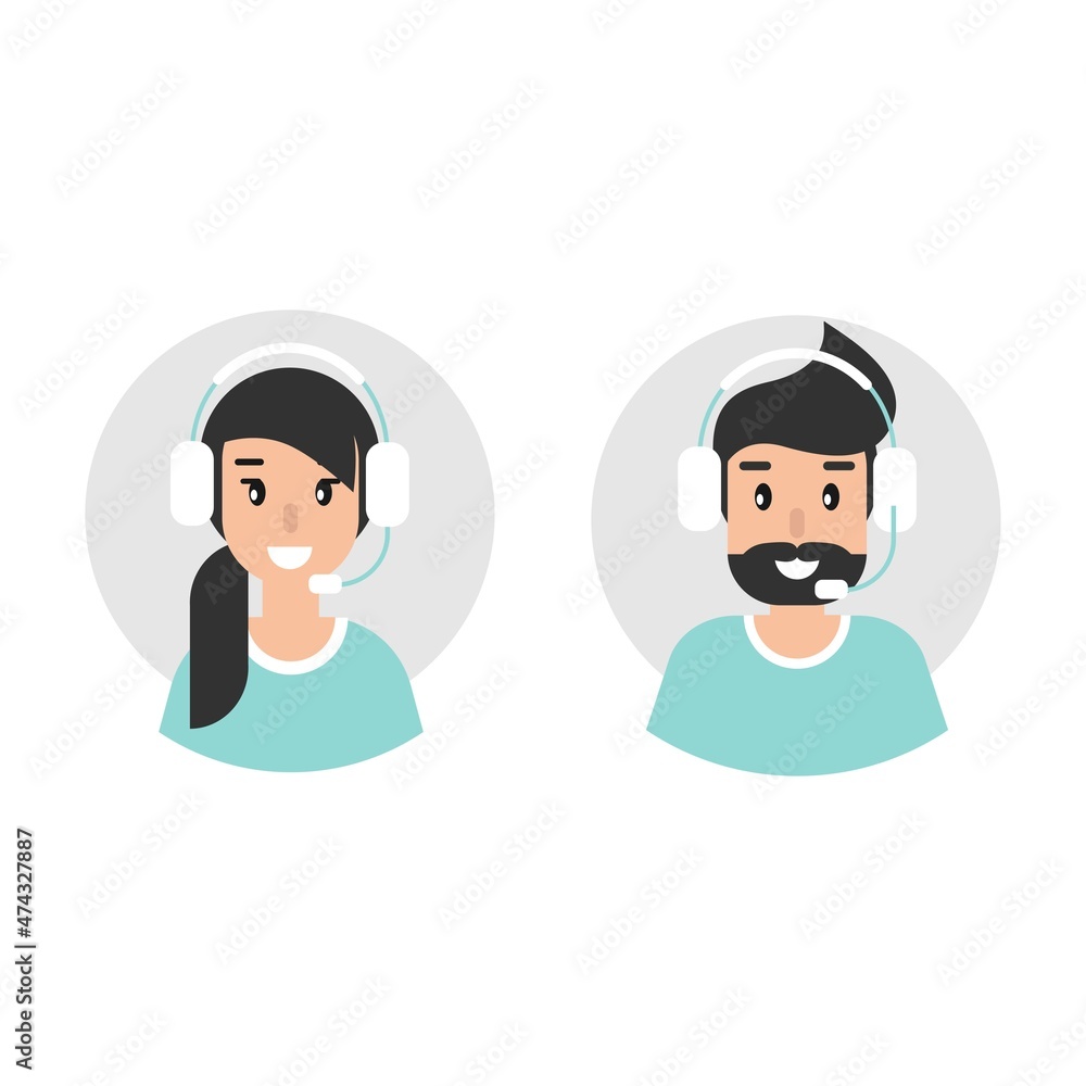 Set of male and female operator with headphones and microphone on grey circle. Set of male and female operator with headphones and microphone on grey circle.