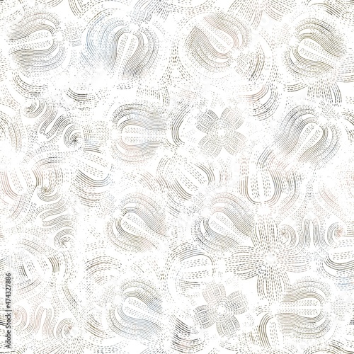 Seamless neutral and white grungy classic abstract surface pattern design for print. High quality illustration. Monochrome earth colored design with white pattern design overlay. Repeat graphic swatch