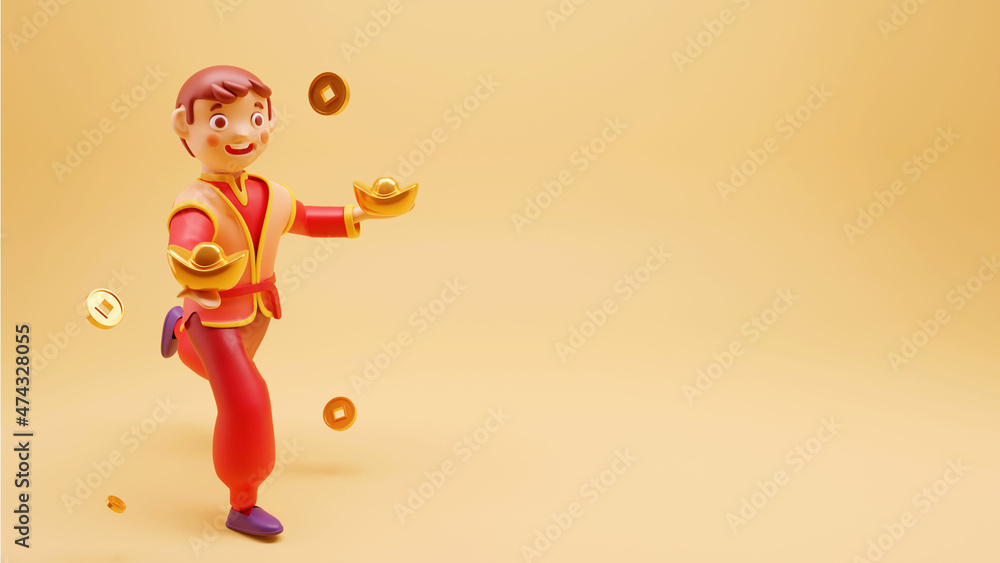 Fototapeta premium 3D Illustration Of Chinese Young Boy Holding Gold Ingot With Flying Qing Ming Coins And Copy Space.