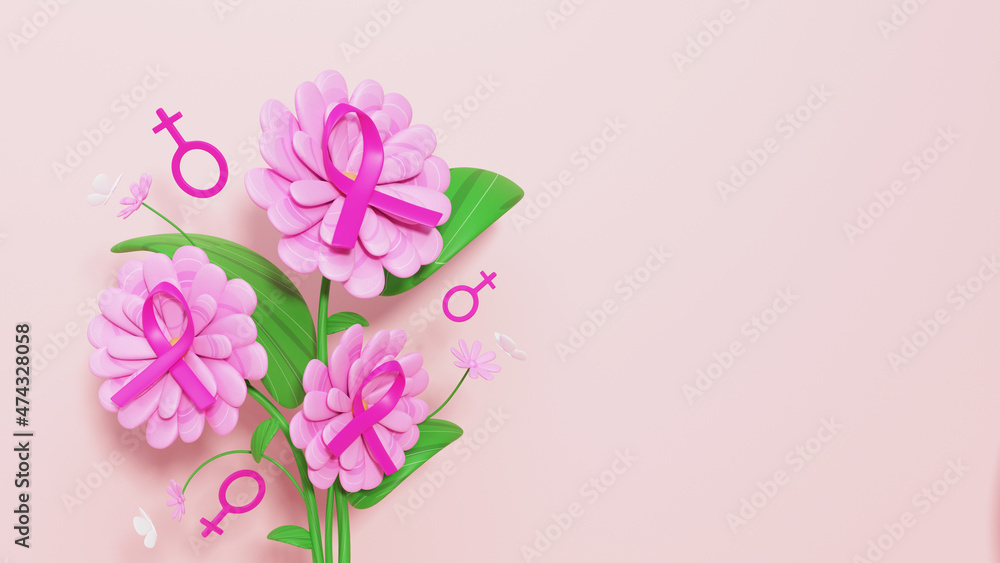 3D Render Of Pink Cross Ribbons Over Flowers, Leaves, Female Gender Sign And Copy Space.