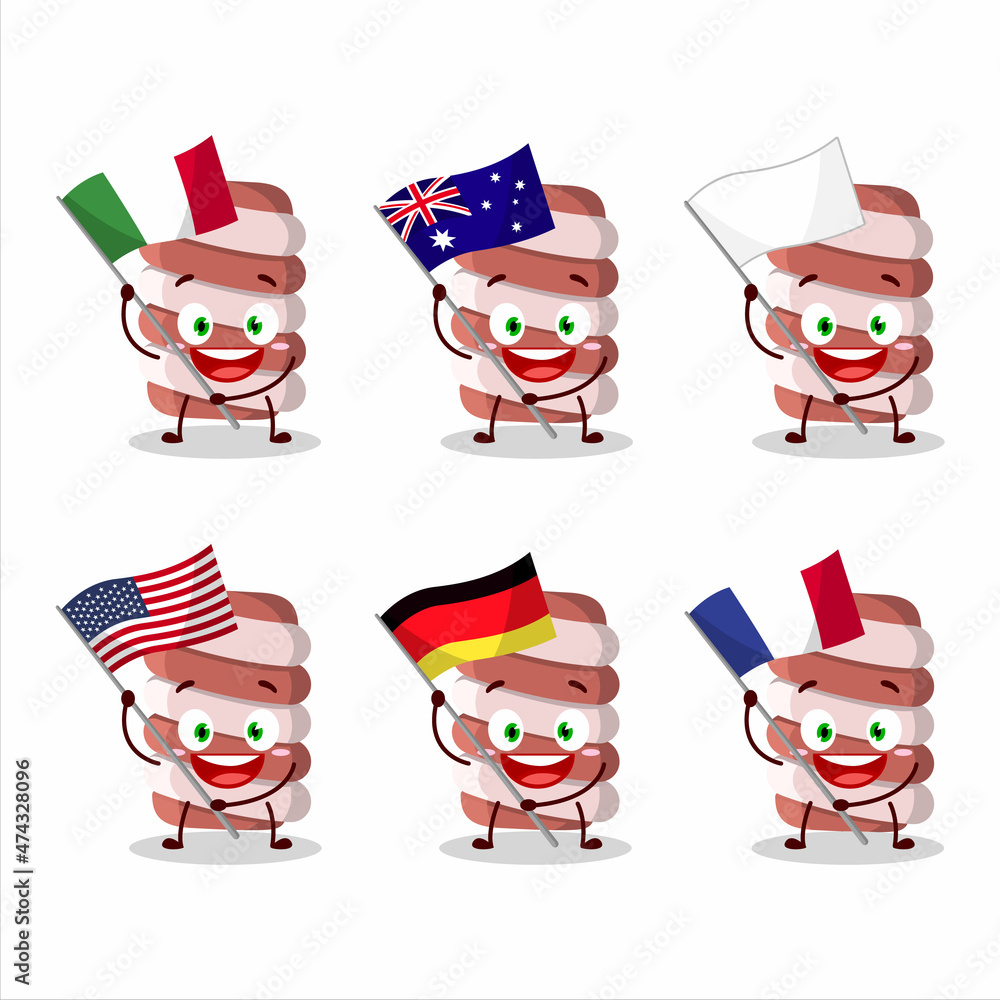 Red marshmallow twist cartoon character bring the flags of various countries Red marshmallow twist cartoon character bring the flags of various countries