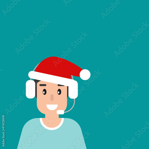Happy operator with headphones, microphone and santa hat on blue background.