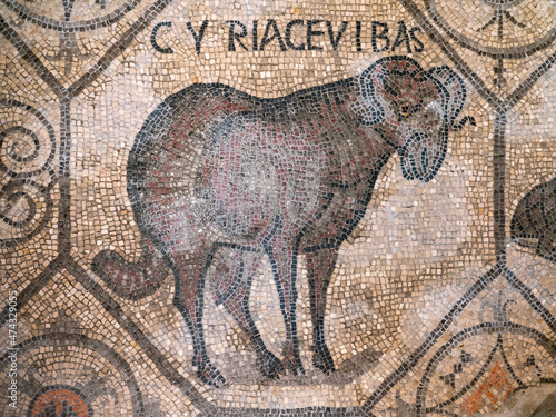 Aries ram mosaic on antique floor pavement from 4th century in Basilica of Aquileia, Italy