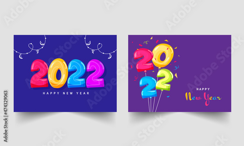 Happy New Year Poster Design With Colorful 2022 Balloon Number In Blue And Purple Color Options.