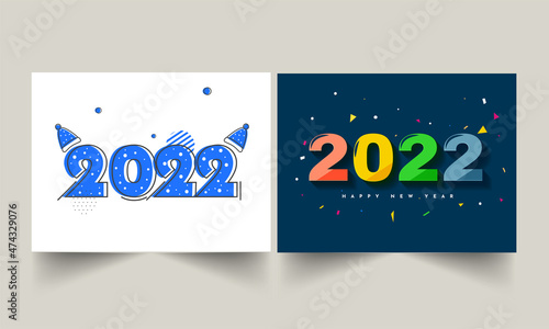2022 Number With Party Hats And Confetti On Background In Blue And White Color Options.