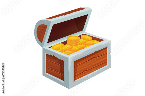 Treasure chest full of golden coins in cartoon style isolated on white background. Game asset, ui. Open wooden textured object.
