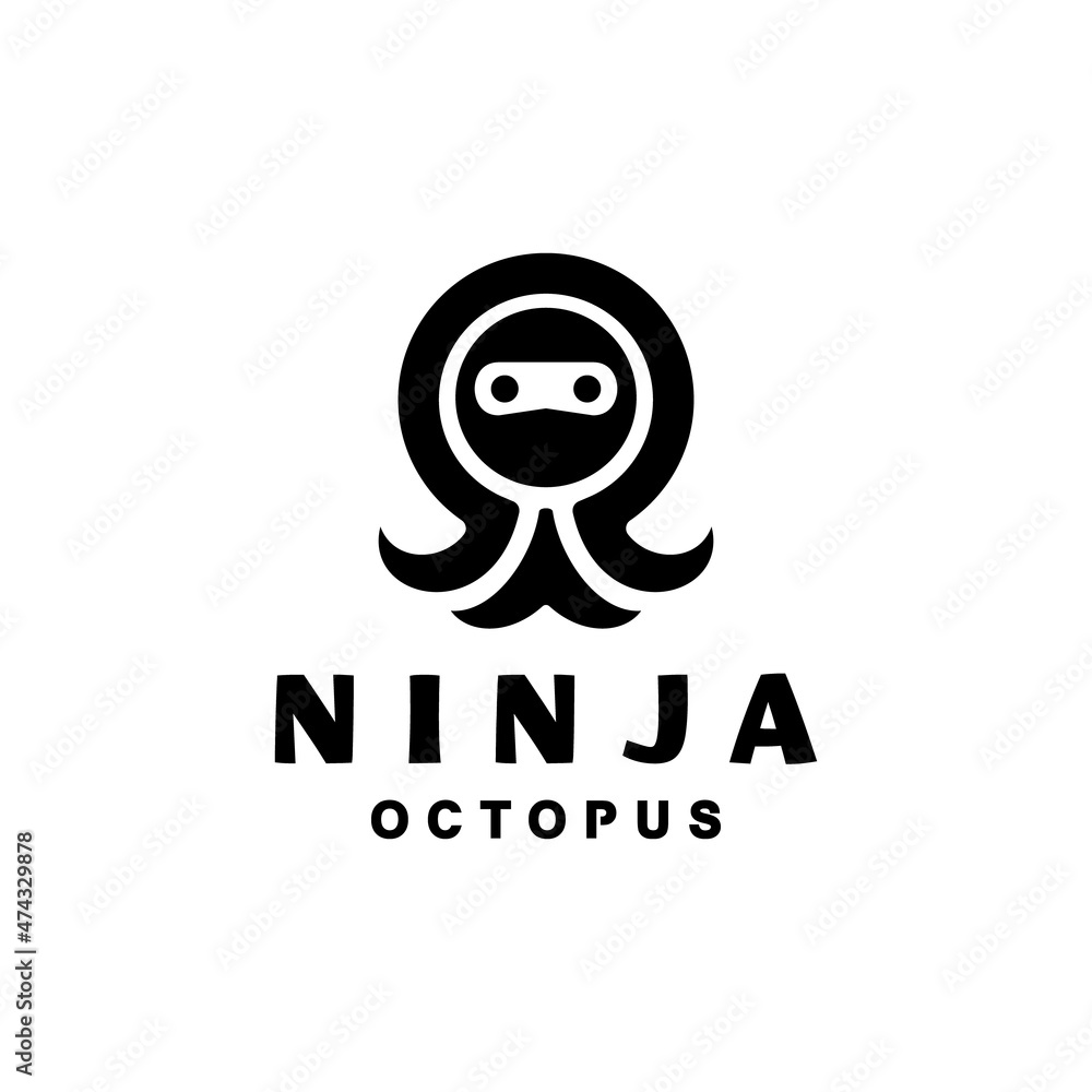 Combination Face Ninja and octopus with flat minimalist style in white background , template vector logo design editable Combination Face Ninja and octopus with flat minimalist style in white background , template vector logo design editable