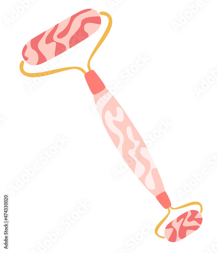 Gouache massage roller. Face massage at home. Tools for skin care and tone improvement. Flat vector set made of rose quartz, consisting of a roller face massager. Vector Illustration.