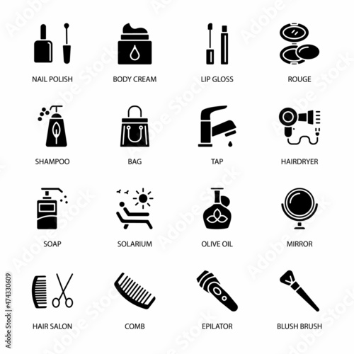 Beauty Salon, Makeup and Cosmetics glyph Icons - Vectors
