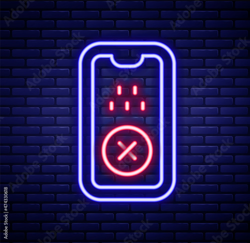 Glowing neon line Taxi mobile app icon isolated on brick wall background. Mobile application taxi. Colorful outline concept. Vector