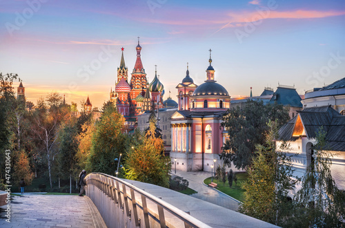 View of the temples of Varvarka, the Spasskaya Tower and St. Basil's Cathedral in Moscow