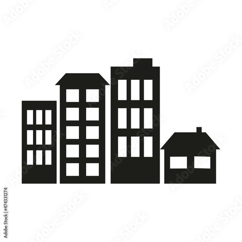 Simple flat black and white silhouette of city skyline. Vector icon with multi-storey buildings