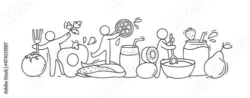 Happy people with fresh vegetables and fruits.