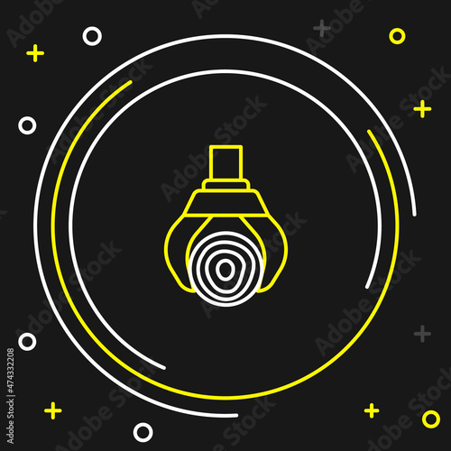 Line Grapple crane grabbed a log icon isolated on black background. Forest industry. Industrial crane for lumber trunk wood production. Colorful outline concept. Vector
