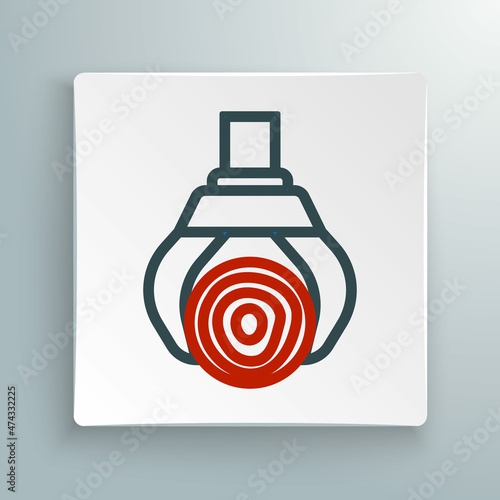 Line Grapple crane grabbed a log icon isolated on white background. Forest industry. Industrial crane for lumber trunk wood production. Colorful outline concept. Vector