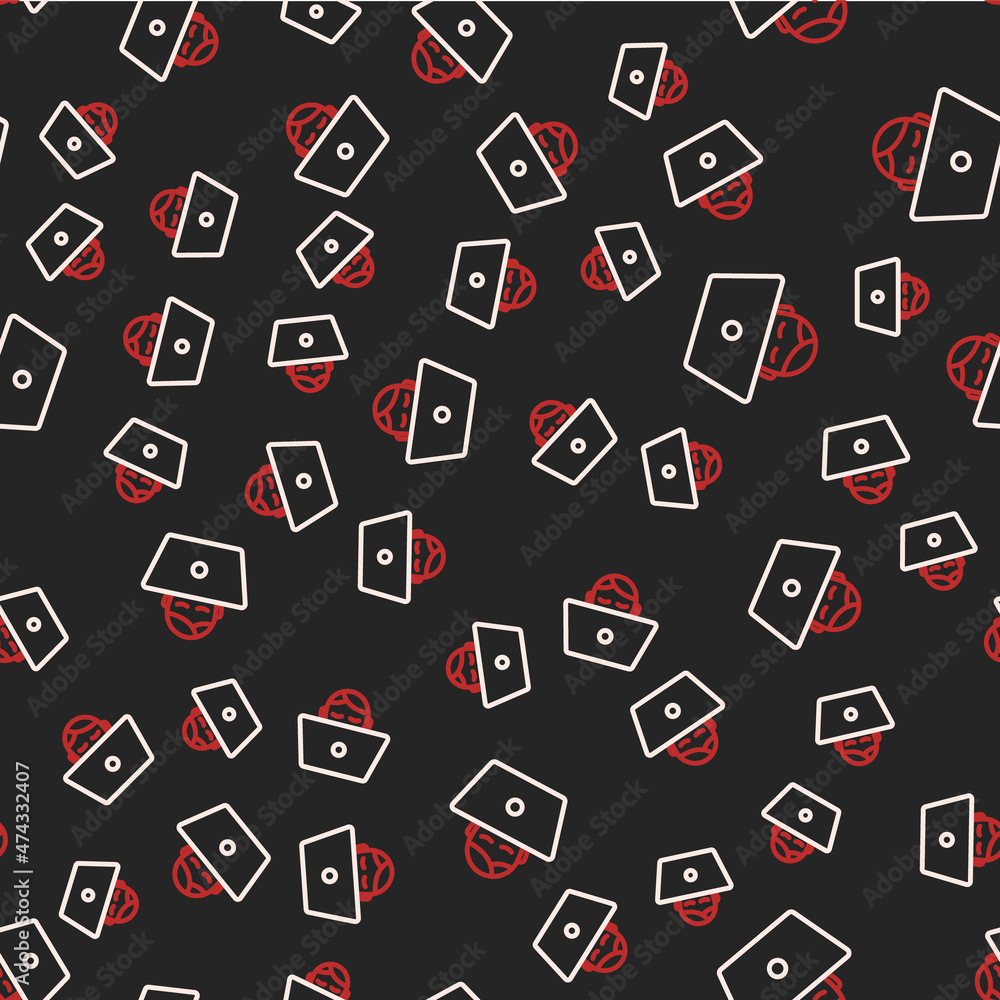 Line Freelancer icon isolated seamless pattern on black background. Freelancer man working on laptop at his house. Online working, distant job concept. Vector Line Freelancer icon isolated seamless pattern on black background. Freelancer man working on laptop at his house. Online working, distant job concept. Vector