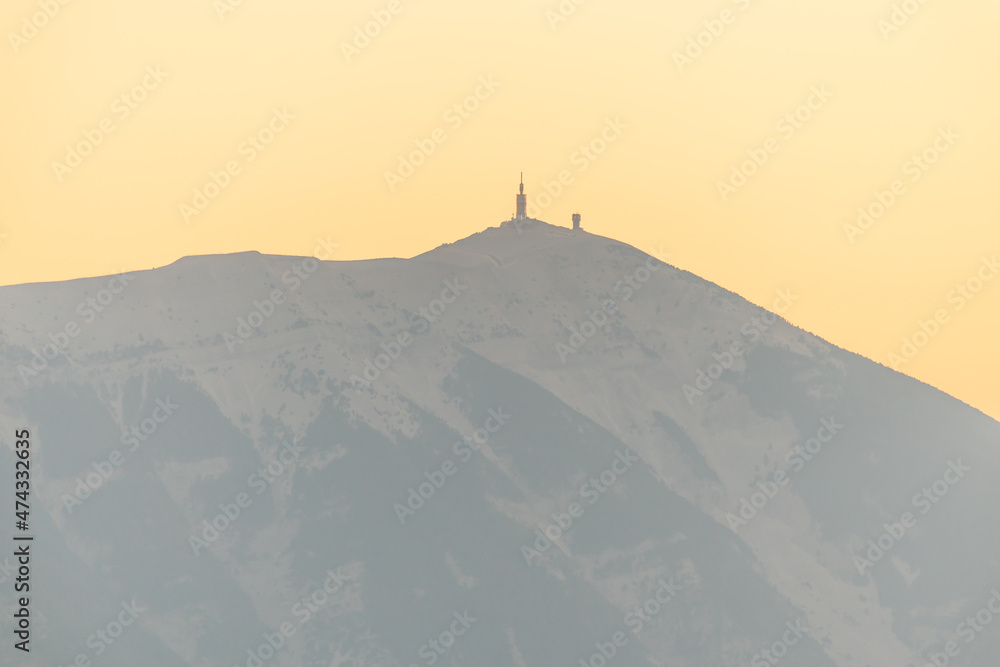 Silhouette of Mont Ventoux at dusk in Provence.