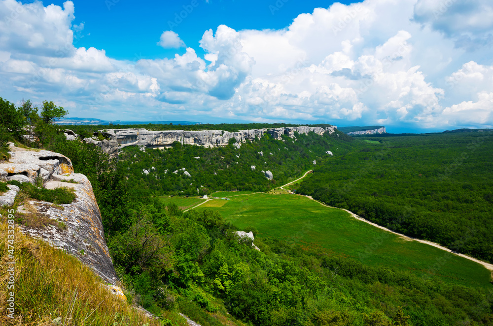 View to beautiful mountain landscape near the cave city Eski-Kermen, Crimea
