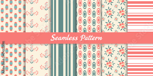 Set Of 6 Spring Vintage Floral Seamless Pattern, Stripe and doodle shape,For scrapbooking, cards, textile, fabric, invitations.