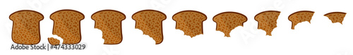 Toasted Brown bread pieces, whole and bitten bread piece. Bakery product in cartoon style.  Vector illustration isolated on a white background. 