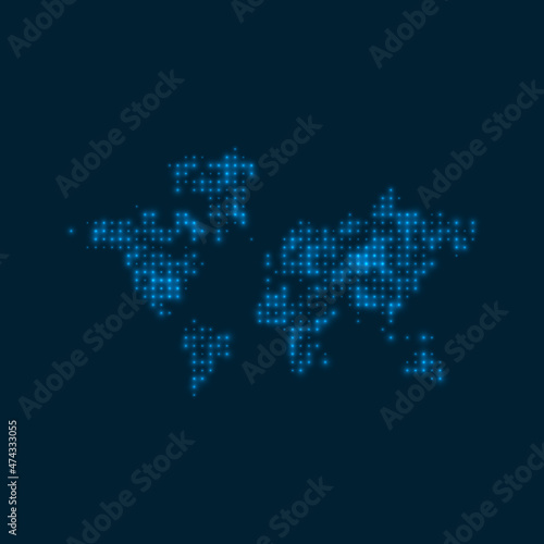 The World dotted glowing map. Shape of the world with blue bright bulbs. Vector illustration.